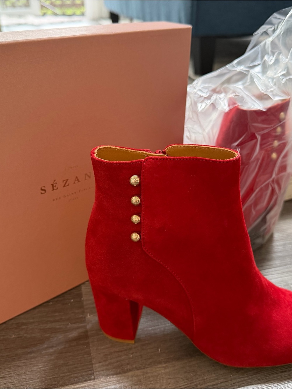 Sezane Red Suede Ankle Booties with Gold Button Accents
(With 2 petit patines)